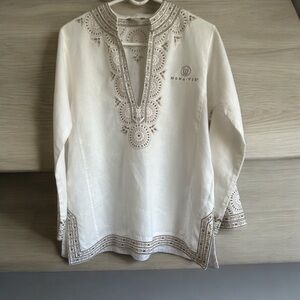 J. Crew Off White Linen Long Sleeve Tunic Top W/Embroidery Size L Side Slits